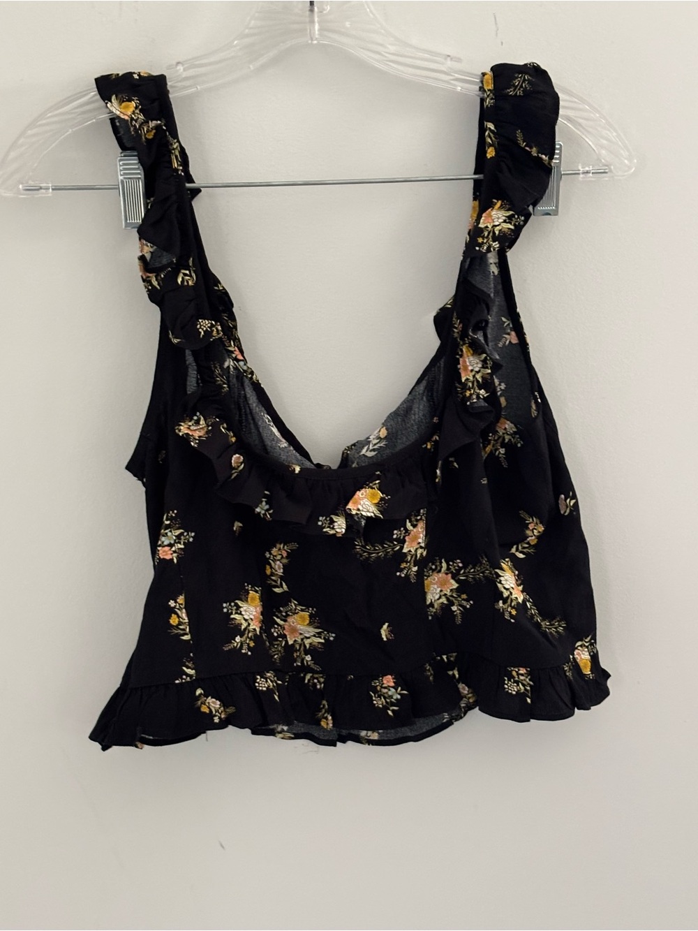 Urban Outfitters Black Floral Ruffle Tie-Front Crop Top with Yellow Accents - Picture 3 of 7